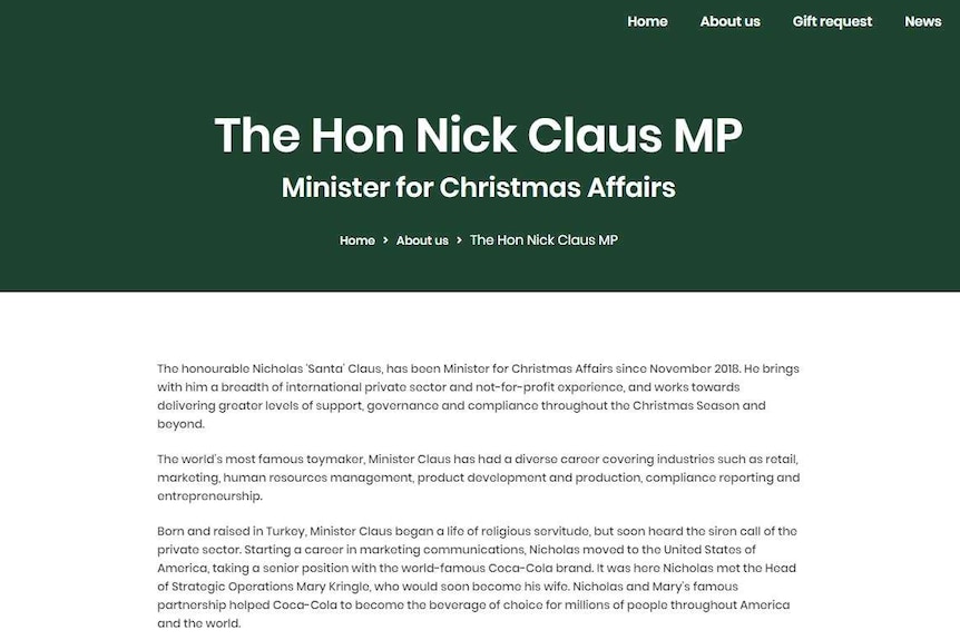 A faux ministerial page for The Hon Nick Claus MP.