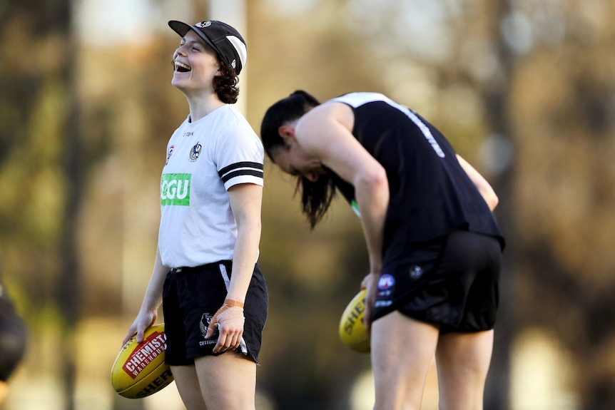 Ebony ODea of the Magpies laughs during the Collingwood training session