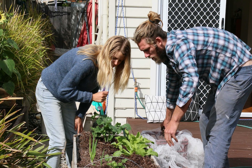 Brenton and Charlotte doing gardening in Hobart.
