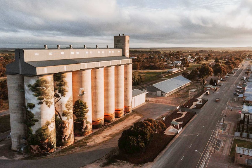 An aerial view of Karoonda's painted silos, with a road and buildings on the right.