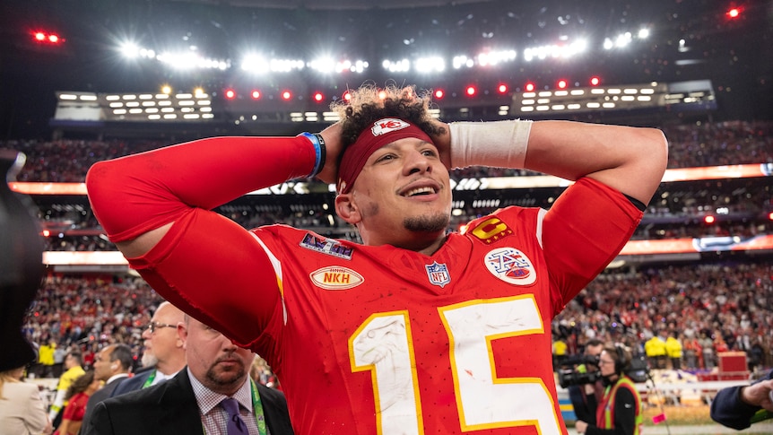 Patrick Mahomes puts his hands on his head after winning SUper Bowl LVIII.