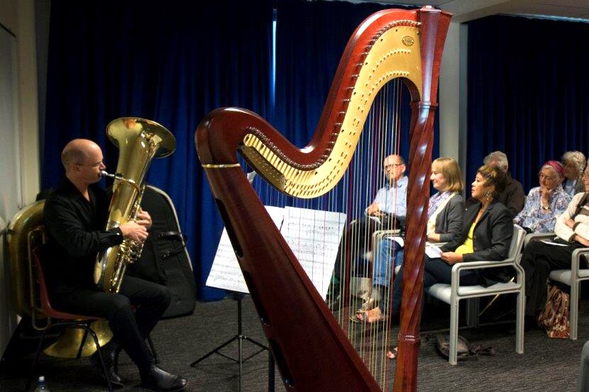 A Canberra Symphony Orchestra musician performs for people with hearing loss.