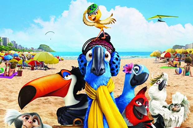 Animation poster of blue macaw bird (centre) from the movie Rio.