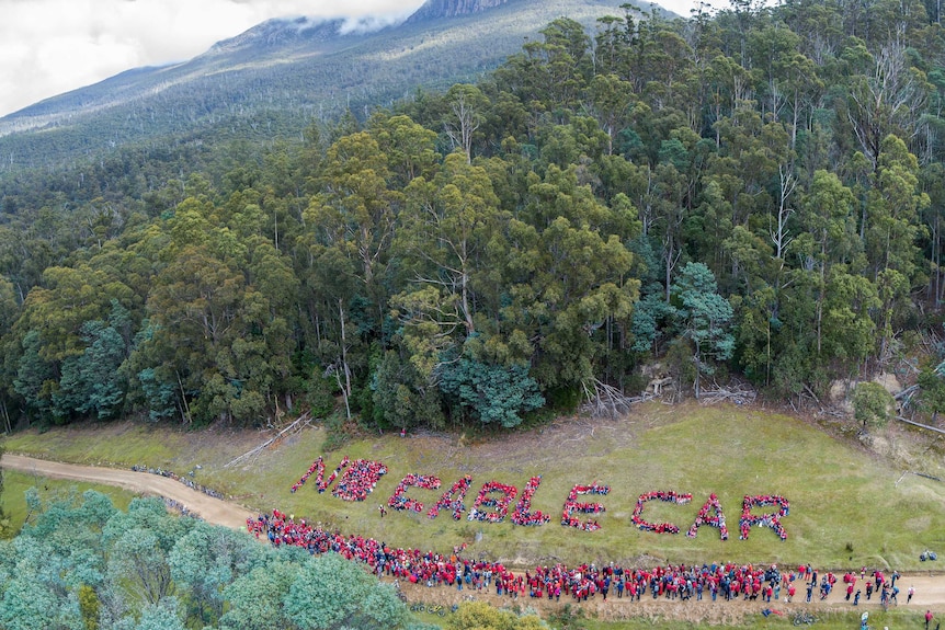 Anti-cable car protesters dressed in red spell out No Cable Car in the foothills of kunanyi/Mount Wellington