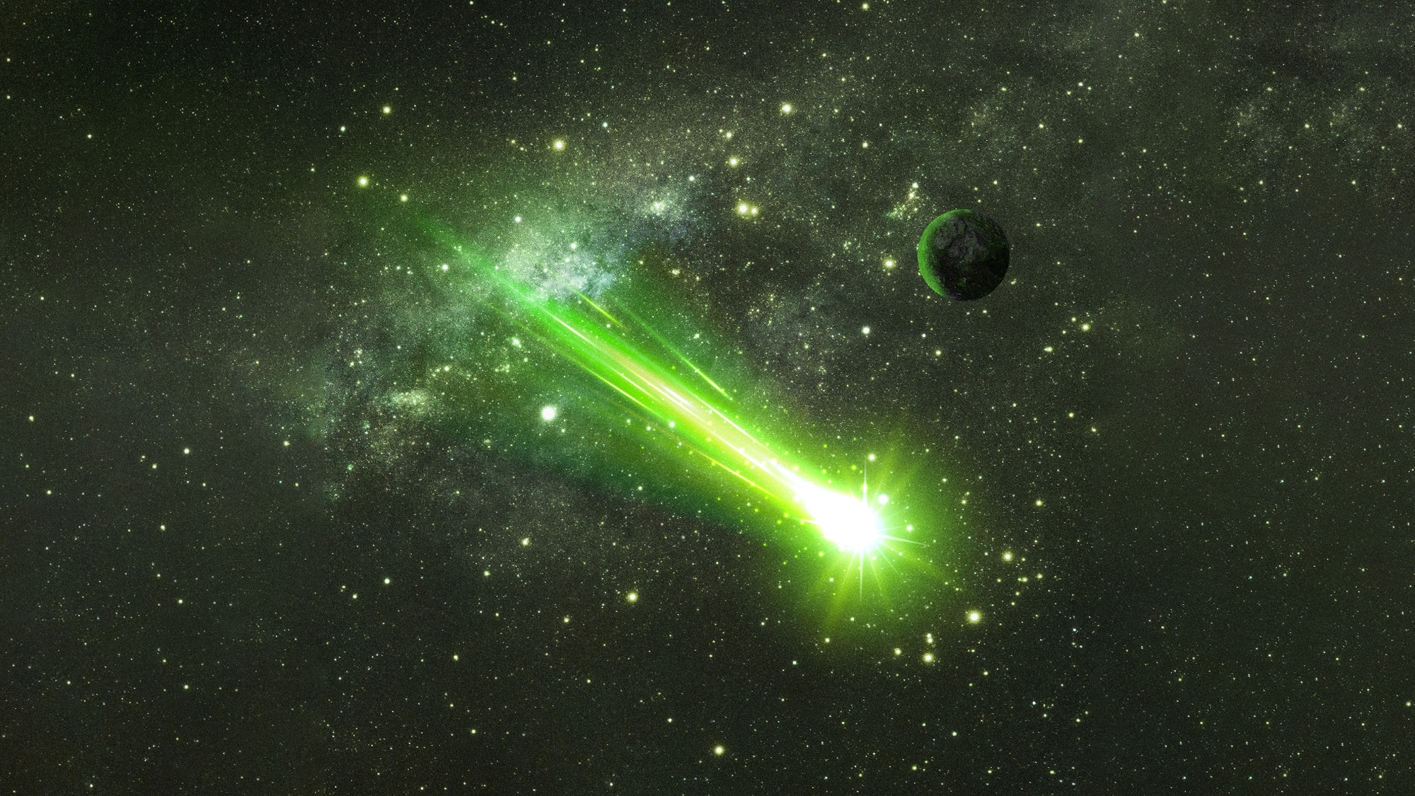 Bright green comet flying past a small dark green planet