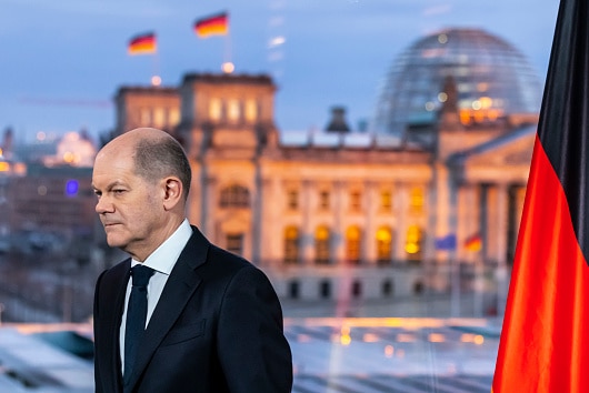 Germany's Chancellor, Olaf Scholz, announces strong foreign policy shift after Russia's invasion of Ukraine.