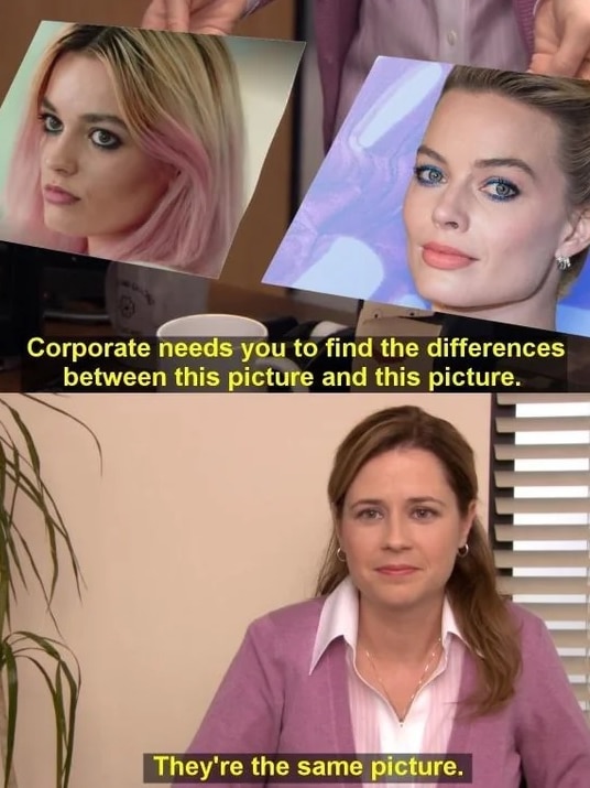 Margot Robbie and Mackey with meme from The Office