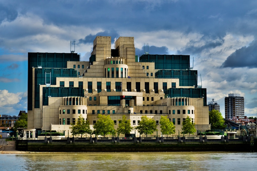 The post-modern headquarters of British spy service, MI6 as seen from the Thames