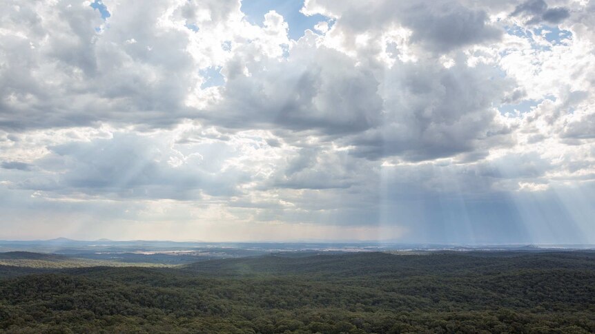Light streams from clouds over the Fryers Ridge State Forest.
