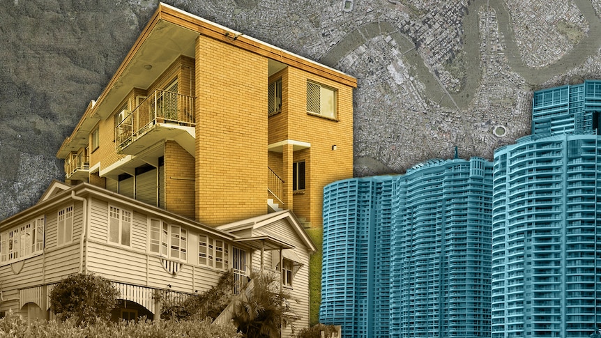 a queenslander, mid-rise and high-rise in a graphic