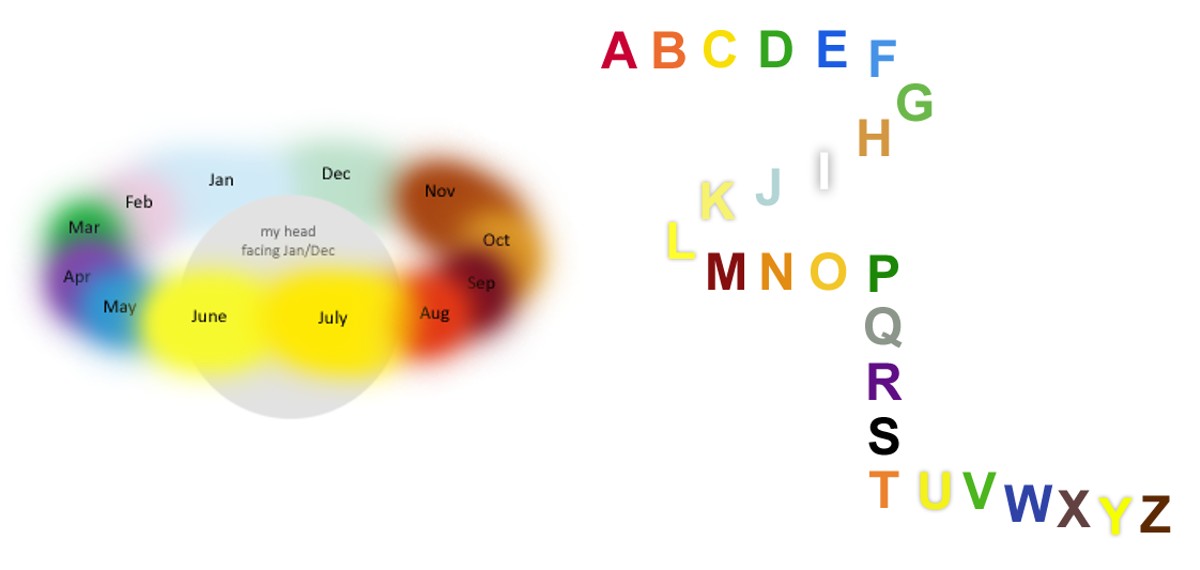 A circle of coloured blobs with months of the year and the alphabet in different colours