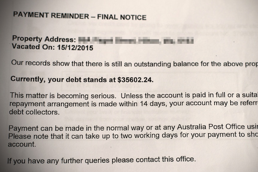 A photo of a bill saying 'payment reminder' from the WA housing department.