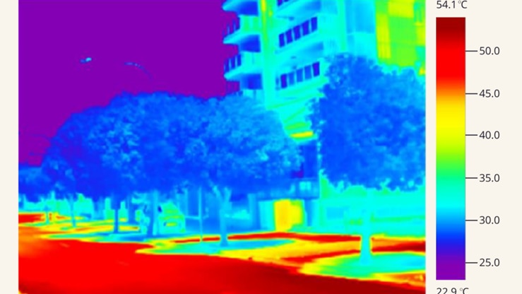 A thermal image showing trees outside an apartment block.