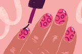 Illustration of a hand with circular nail art and a brush painting on pink for a story about the history of nail art.