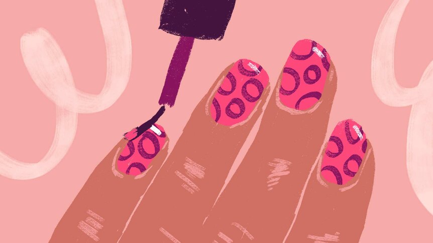 Illustration of a hand with circular nail art and a brush painting on pink for a story about the history of nail art.