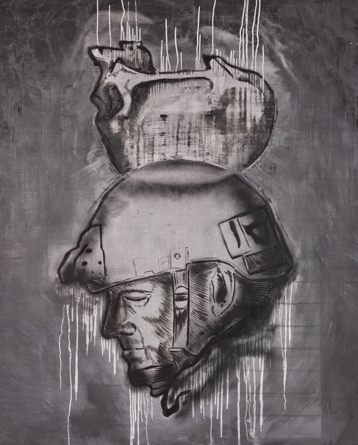 A grayscale portrait of a soldier wearing a helmet beneath a skull.