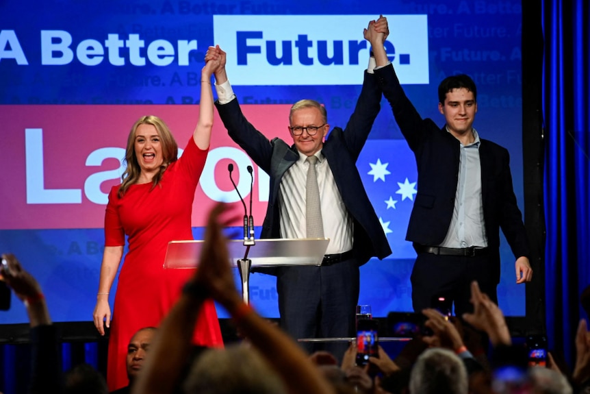 Jodie Haydon, Anthony Albanese and his son Nathan Albanese on election night.