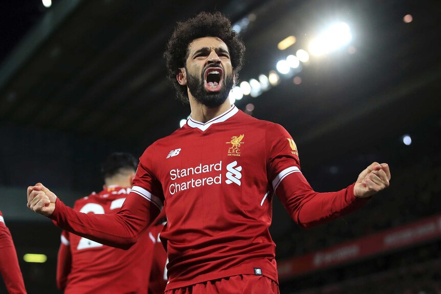 Mohamed Salah celebrates winner against Leicester