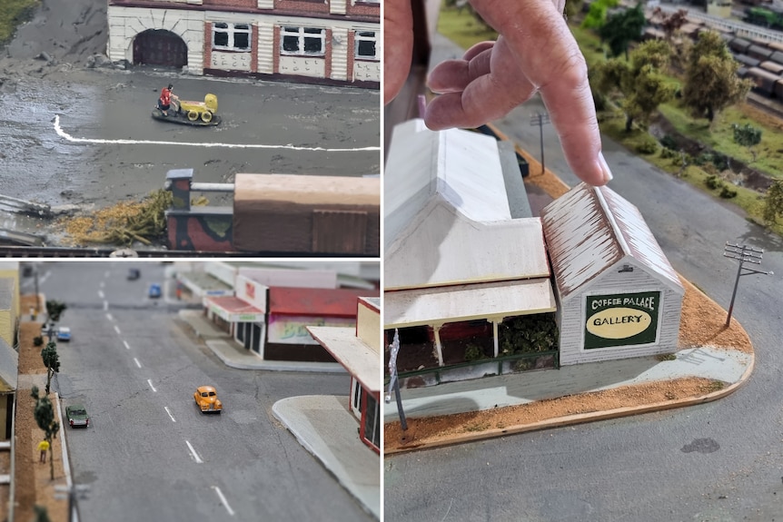 A collage showing a miniature woman with a pram, an orange car and a coffee shop