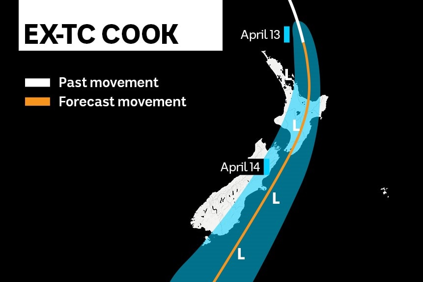 A graphic showing the forecasted movement of Cyclone Cook.