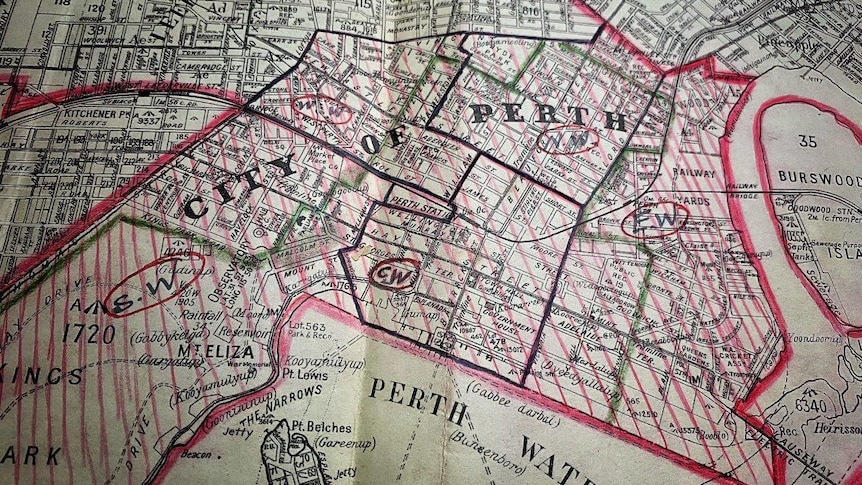 Historical map of Perth with areas marked in red.