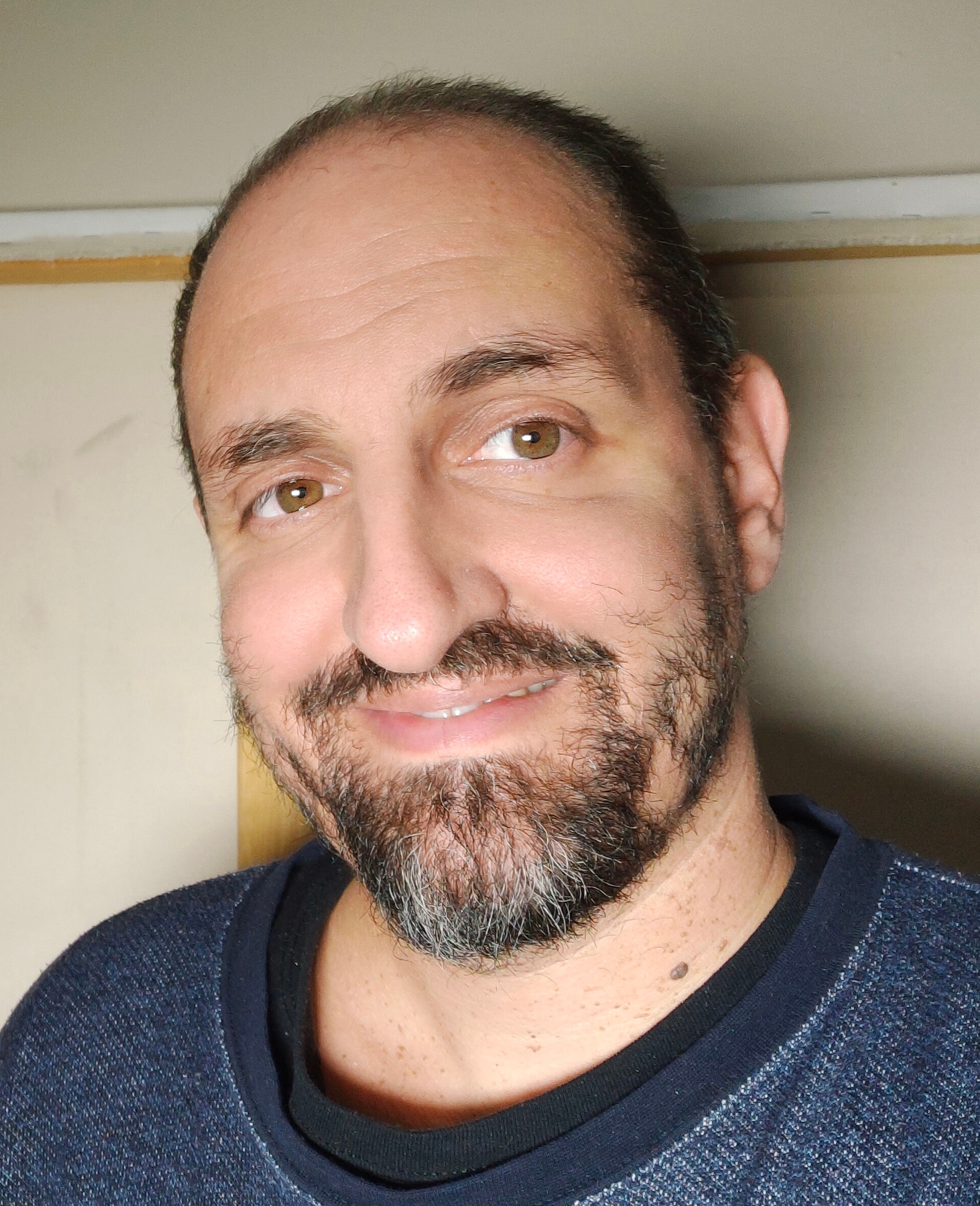 A close-up image of a brown-eyed Middle Eastern Australian man with a beard, smiling, and wearing a blue jumper