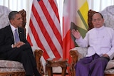 US president Barack Obama and Burma's president Thein Sein hold a meeting at the regional parliament building in Rangoon.