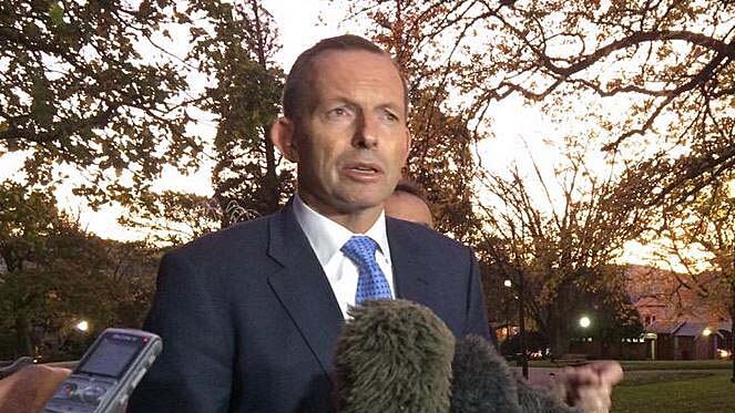 Prime Minister Tony Abbott at a media conference in Launceston, May 2015.