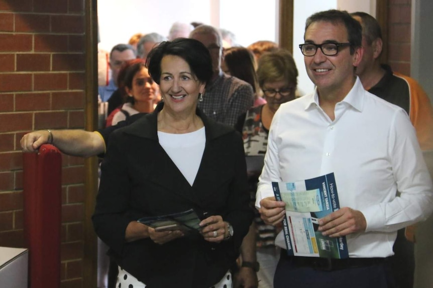 Liberals Vickie Chapman and Steven Marshall smiling.