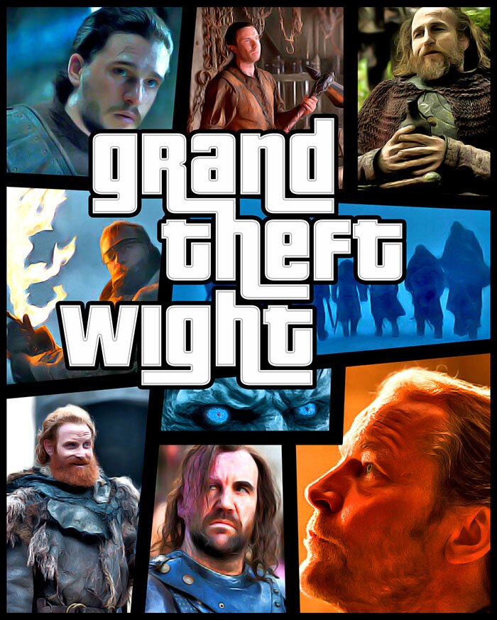 A parody poster in the style of video game Grand Theft Auto showing the Game of Thrones characters