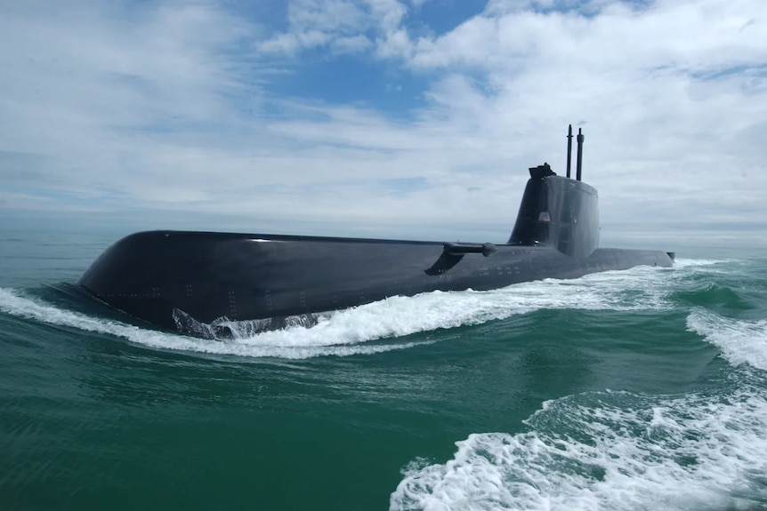 A type 214 submarine, partially submerged in the ocean