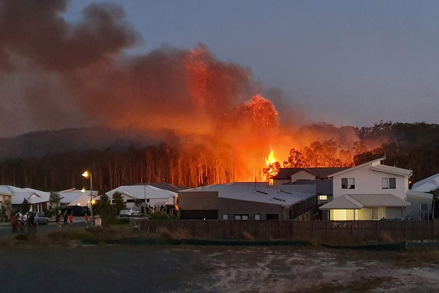A bushfire flares close to houses at Peregian Springs.