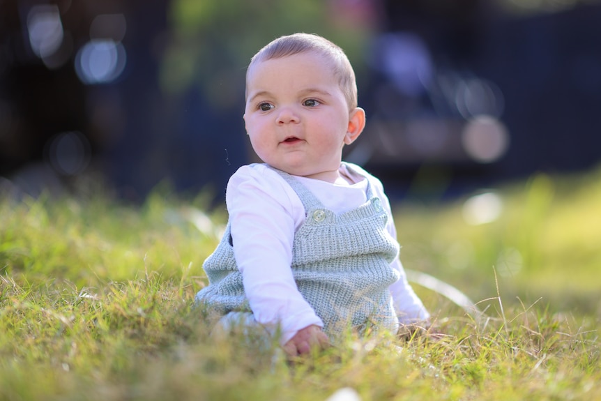Eight-month-old Harrison McLaren sits in the grass