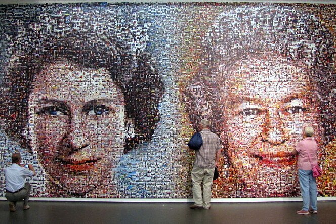 A mosaic picture showing Queen Elizabeth II as a younng monarch, and again on her Diamond Jubilee, hangs in the Towner Gallery.