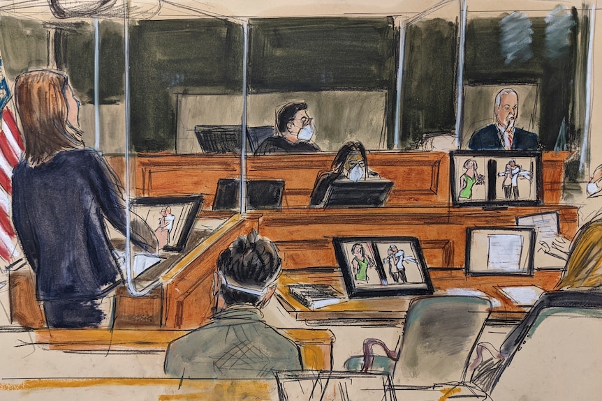 A court room sketch shows people looking at a monitor with photos.