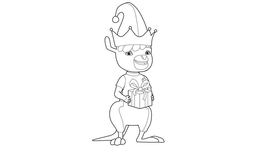 Line drawing of Pounce wearing a Christmas hat and holding a present
