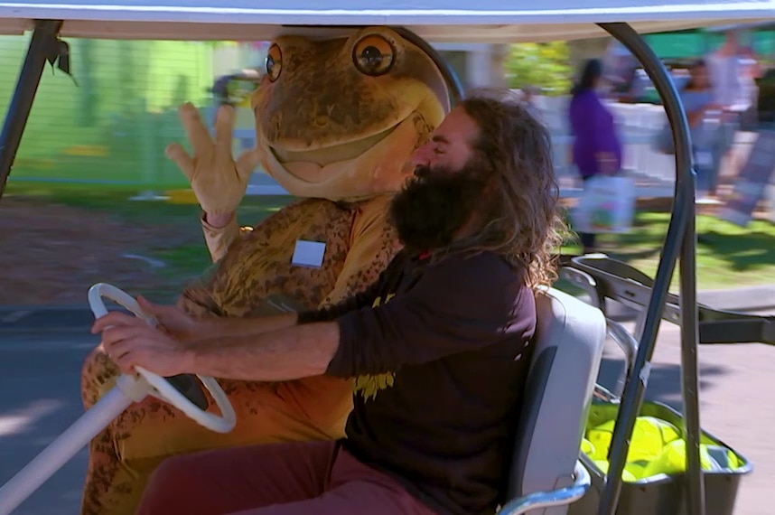 Gardening Australia's Costa Georgiadis in a golf cart with a person dressed as a toad, illustrating our episode recap.