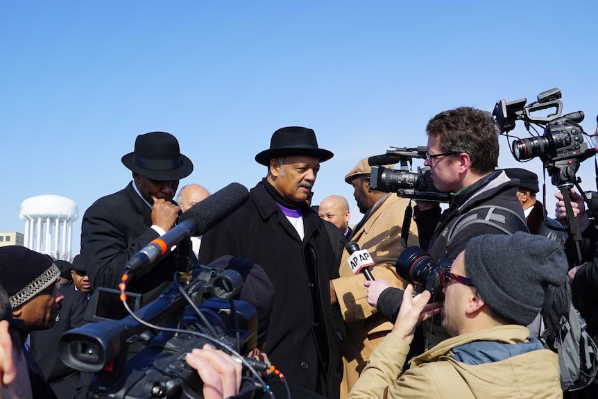 Reverend Jesse Jackson addresses rally in Flint