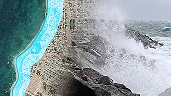 A coastline with a blue outline along it, overlaid with a picture of a wave smashing into rocks.