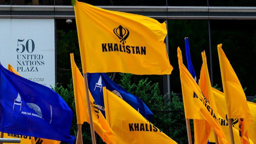 blue and yellow flags with "khalistan" printed on them held up in air