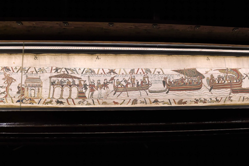 Bayeux Tapestry on display in a museum