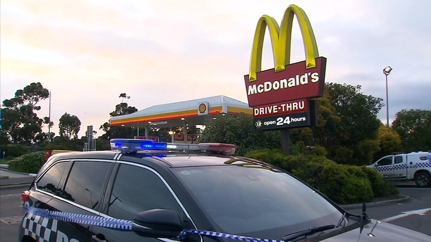 The outside of the Horne Street McDonald's in Sunbury, with police tape around the car park.