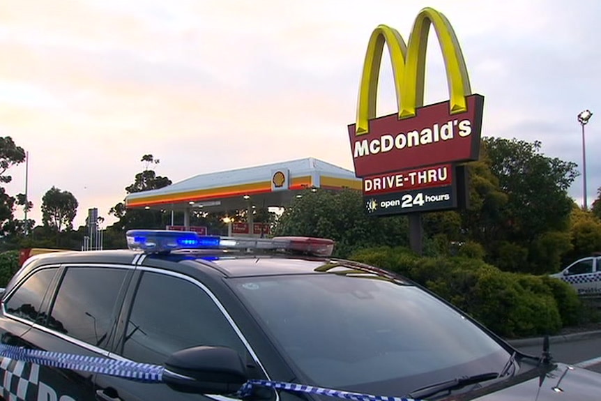 The outside of the Horne Street McDonald's in Sunbury, with police tape around the car park.