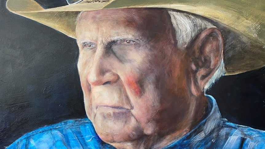A painting of an Indigenous man looking serious, wearing an Akubra hat and a blue collared shirt.