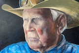 A painting of an Indigenous man looking serious, wearing an Akubra hat and a blue collared shirt.