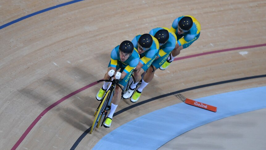 Jack Bobridge leads the Australian men's team pursuit team on the Rio Olympic Velodrome.