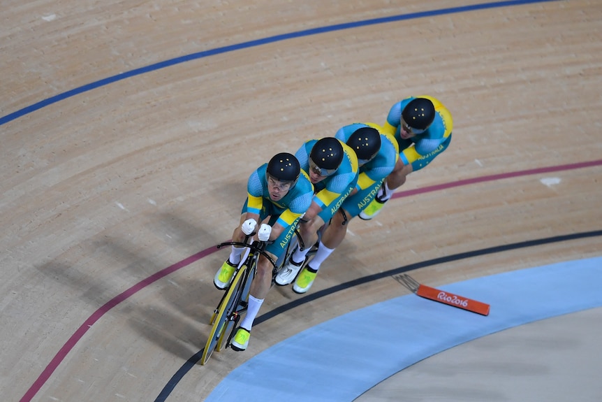 Jack Bobridge leads Australia in the men's team pursuit on the Rio Olympic Velodrome.