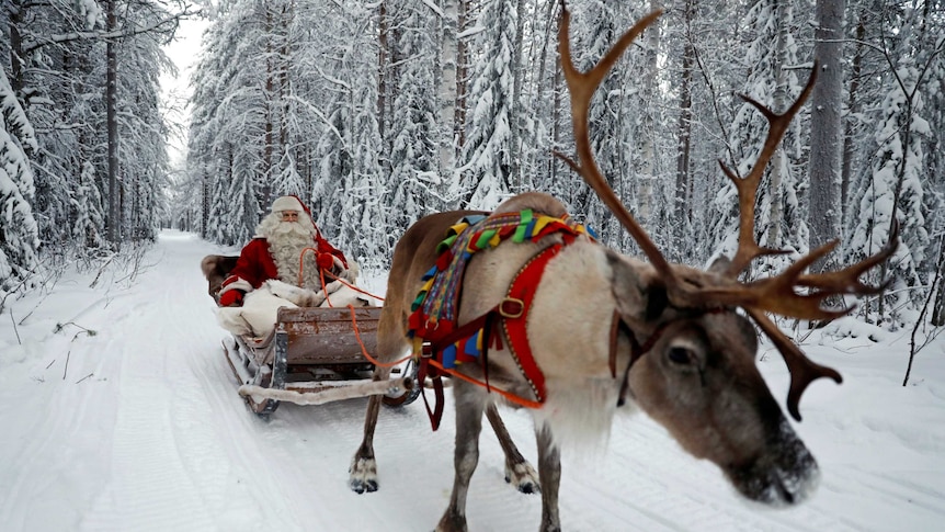 Santa Claus rides his sleigh, pulled by a reindeer.