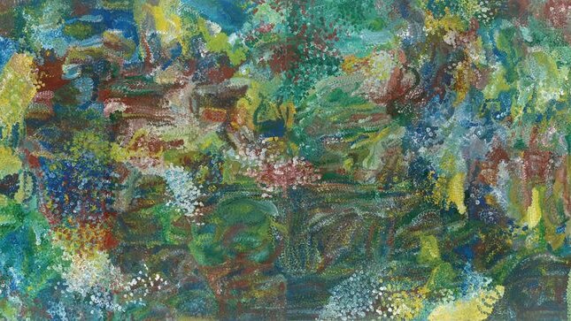 A blue and green painting by artist Emily Kame Kngwarreye.