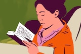 An illustration of a woman leaning on a couch and reading a book